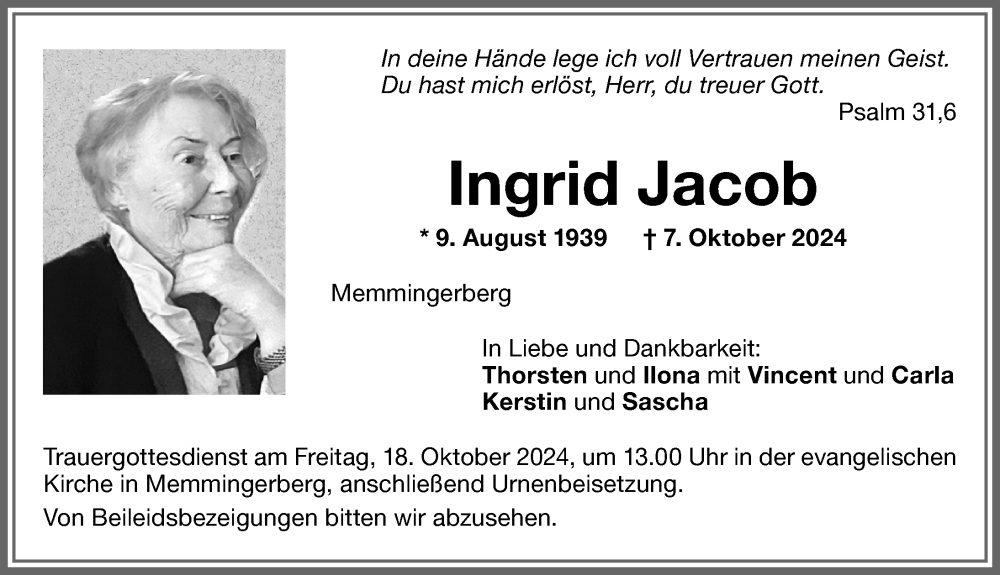 Traueranzeige von Ingrid Jacob von Memminger Zeitung