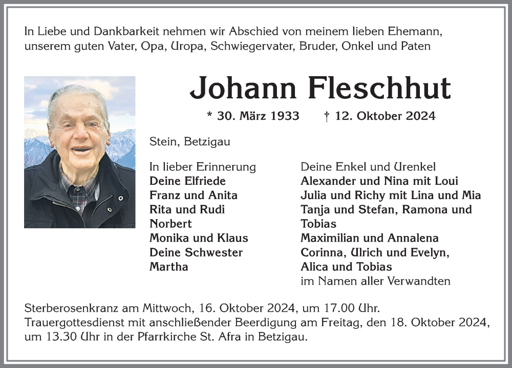 Traueranzeige von Johann Fleschhut von Allgäuer Zeitung,Kempten