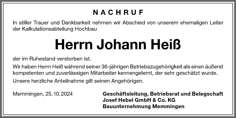 Traueranzeige von Johann Heiß von Allgäuer Zeitung,Kempten