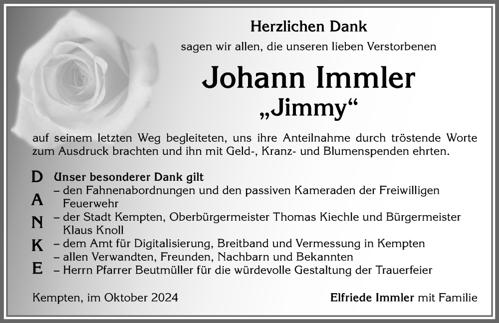 Traueranzeige von Johann Immler von Allgäuer Zeitung,Kempten