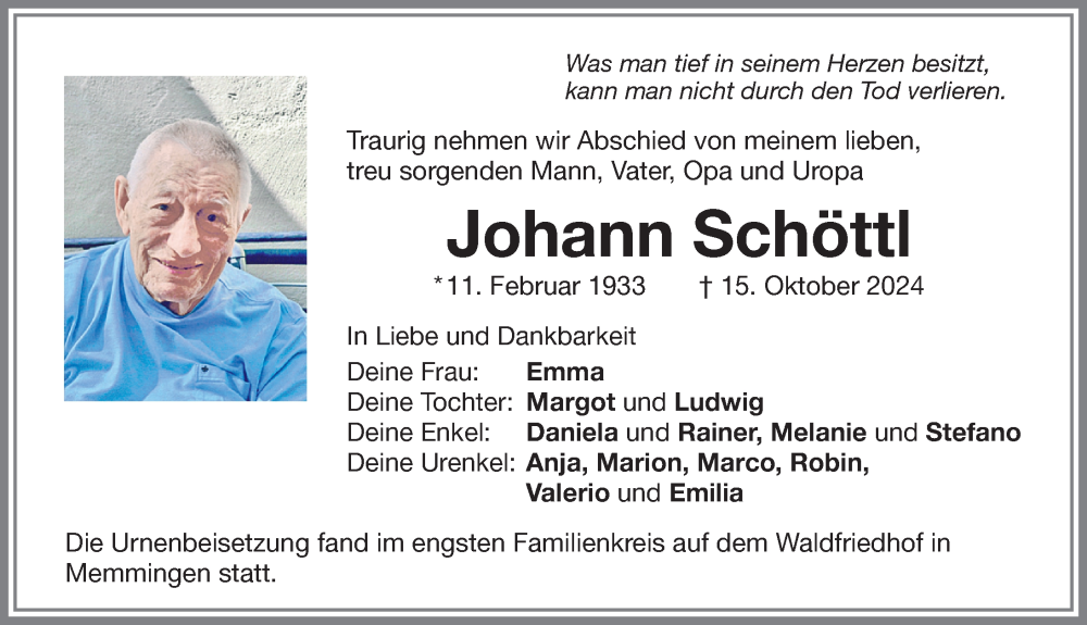 Traueranzeige von Johann Schöttl von Memminger Zeitung