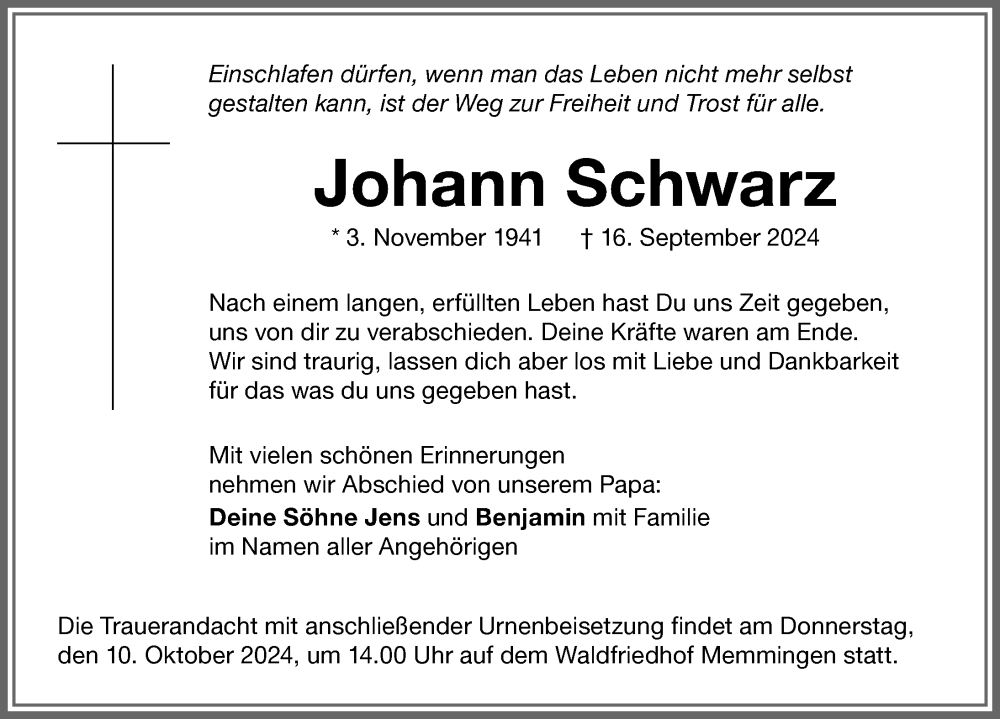 Traueranzeige von Johann Schwarz von Memminger Zeitung