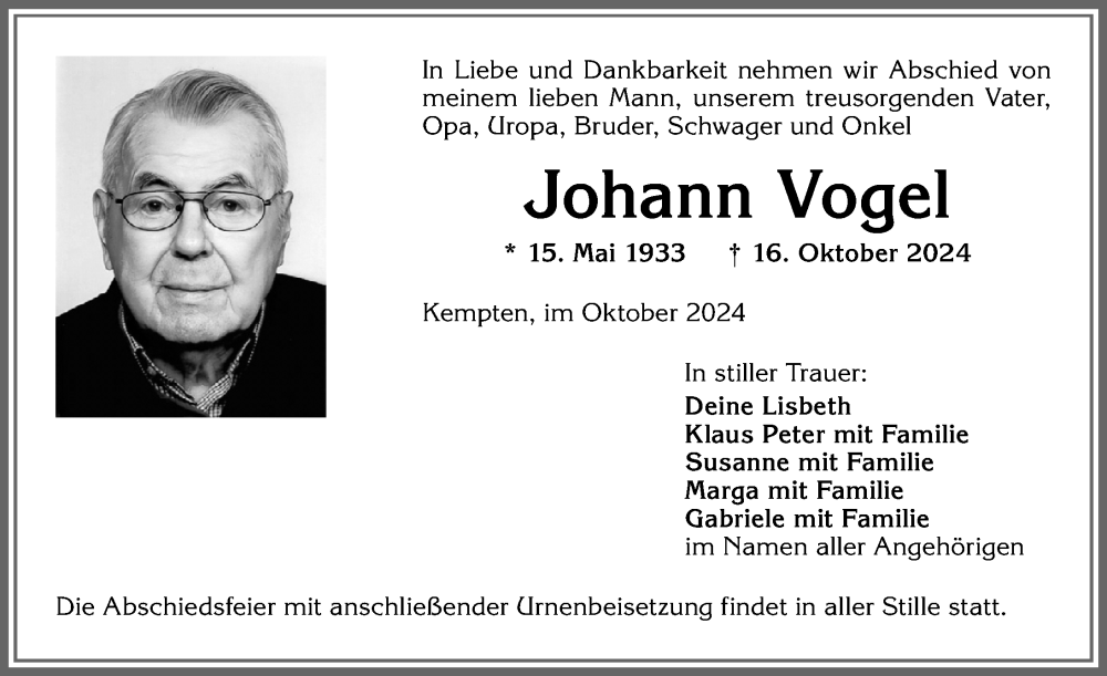 Traueranzeige von Johann Vogel von Allgäuer Zeitung,Kempten