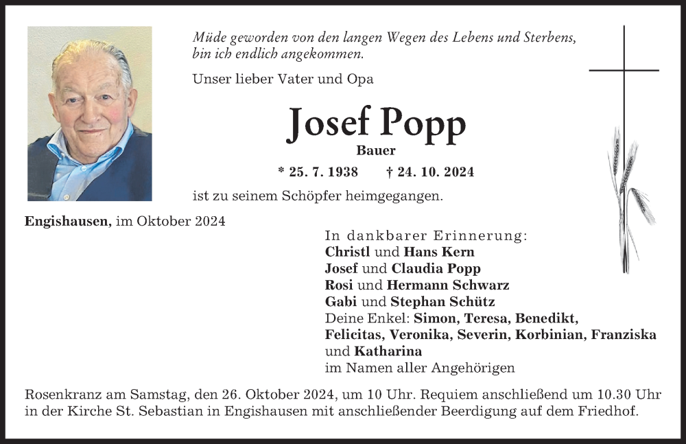 Traueranzeige von Josef Popp von Memminger Zeitung