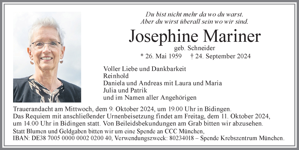 Traueranzeige von Josephine Mariner von Allgäuer Zeitung, Marktoberdorf