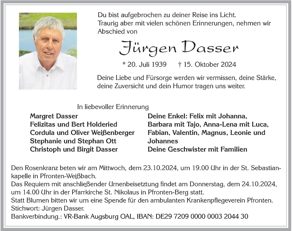 Traueranzeige von Jürgen Dasser von Allgäuer Zeitung, Füssen