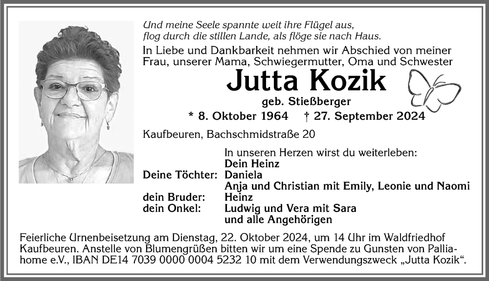 Traueranzeige von Jutta Kozik von Allgäuer Zeitung, Kaufbeuren/Buchloe