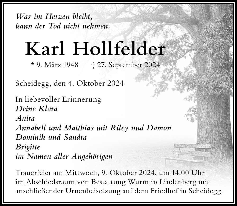 Traueranzeige von Karl Hollfelder von Der Westallgäuer