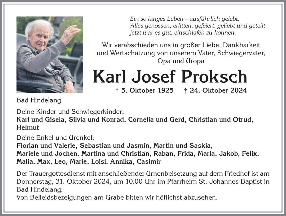 Traueranzeige von Karl Josef Proksch von Allgäuer Anzeigeblatt