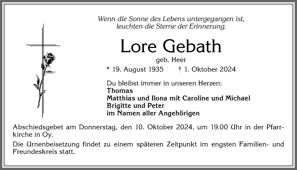 Traueranzeige von Lore Gebath von Allgäuer Zeitung,Kempten