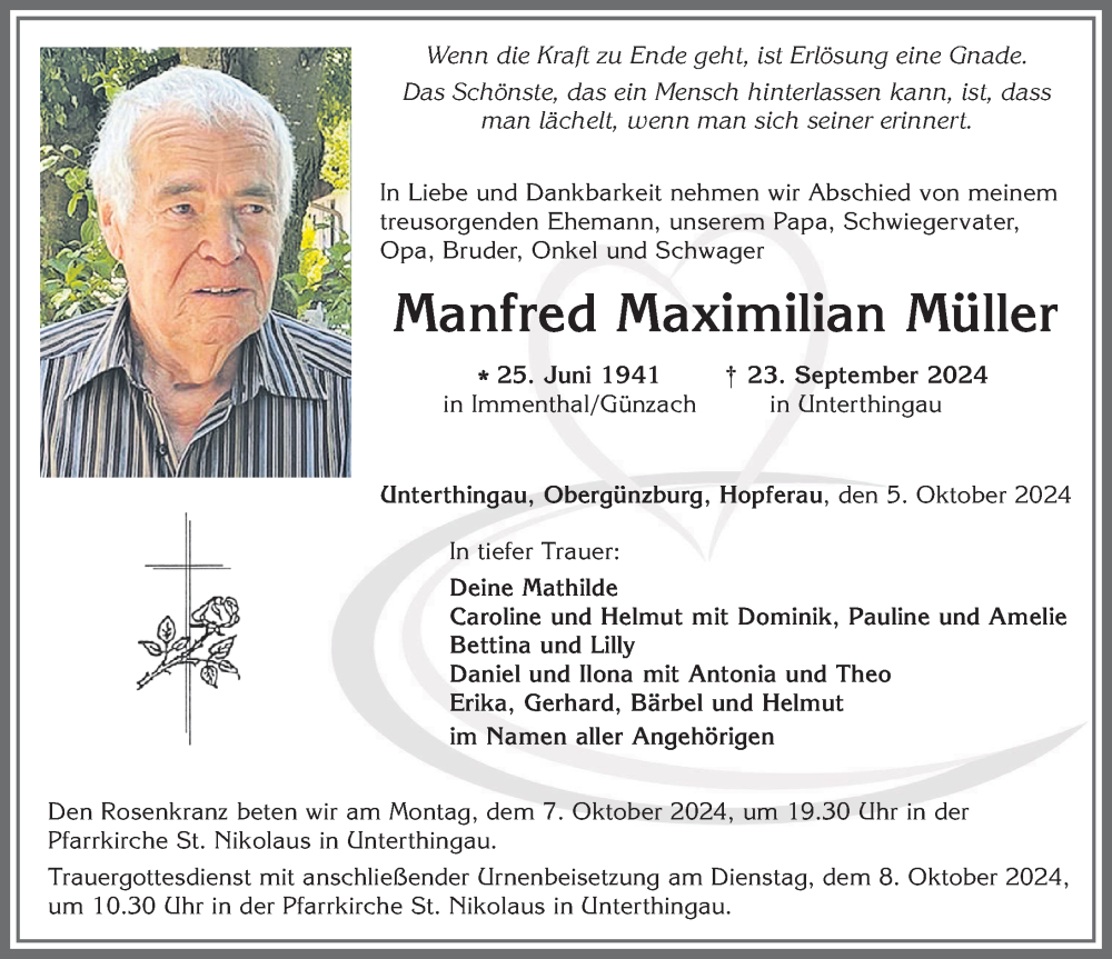 Traueranzeige von Manfred Maximilian Müller von Allgäuer Zeitung, Marktoberdorf