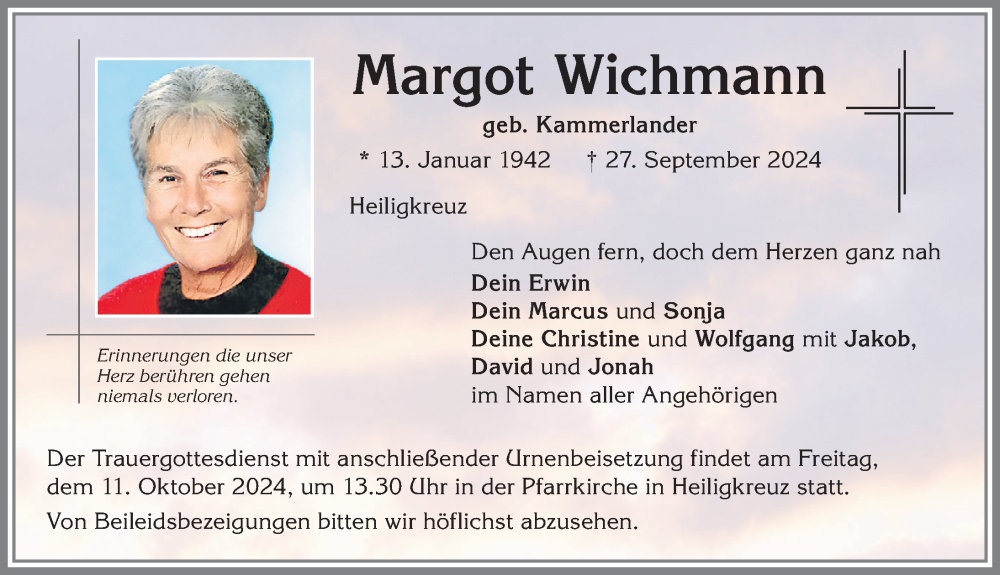 Traueranzeige von Margot Wichmann von Allgäuer Zeitung,Kempten