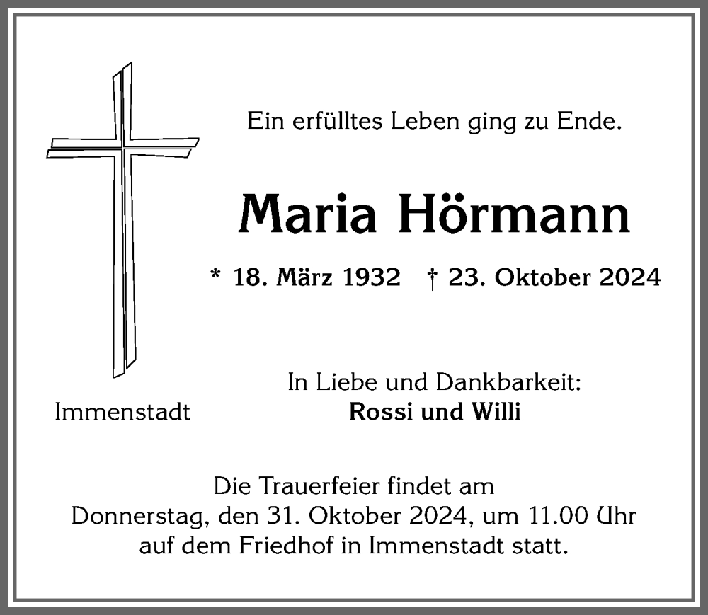 Traueranzeige von Maria Hörmann von Allgäuer Anzeigeblatt