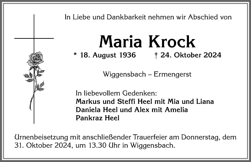 Traueranzeige von Maria Krock von Allgäuer Zeitung,Kempten