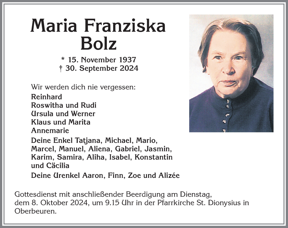 Traueranzeige von Maria Franziska Bolz von Allgäuer Zeitung, Kaufbeuren/Buchloe