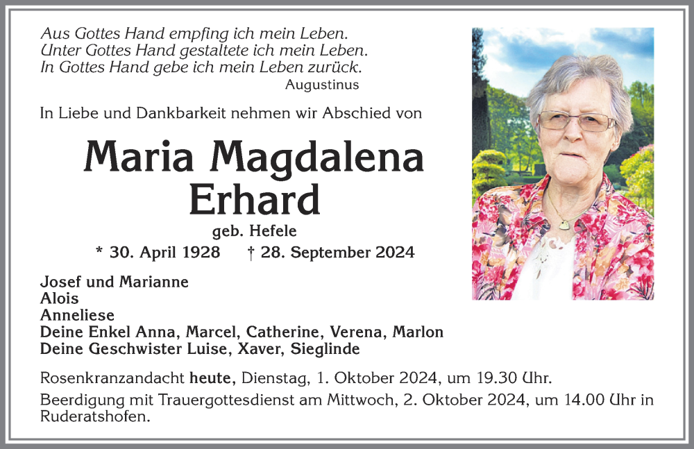 Traueranzeige von Maria Magdalena Erhard von Allgäuer Zeitung, Marktoberdorf