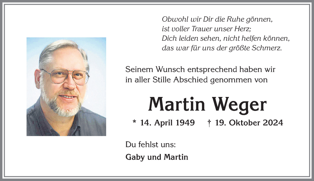 Traueranzeige von Martin Weger von Allgäuer Zeitung,Kempten