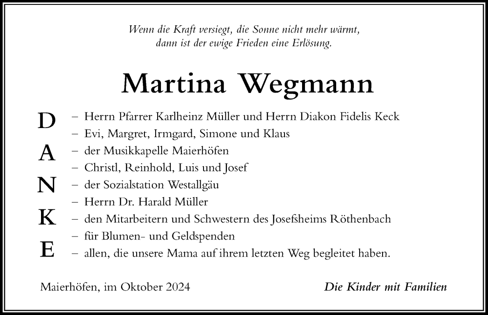 Traueranzeige von Martina Wegmann von Der Westallgäuer