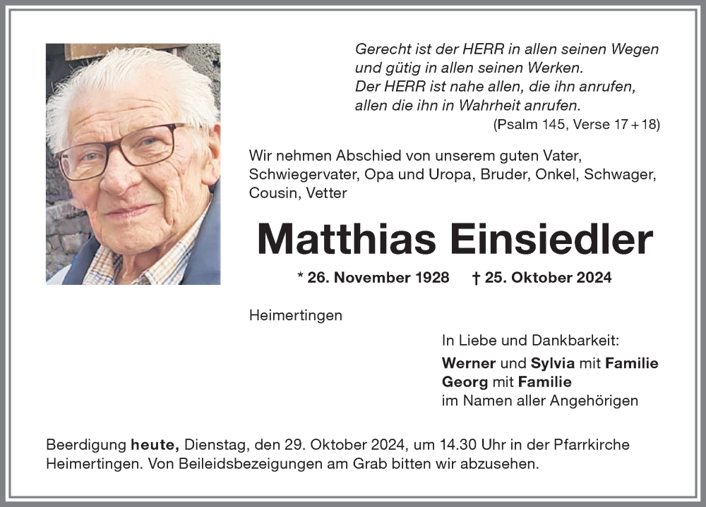 Traueranzeige von Matthias Einsiedler von Memminger Zeitung