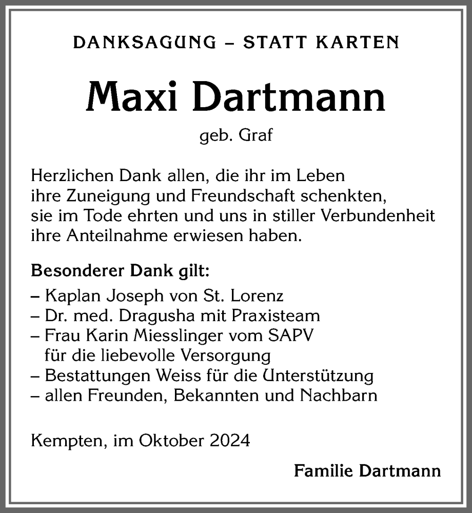 Traueranzeige von Maxi Dartmann von Allgäuer Zeitung,Kempten