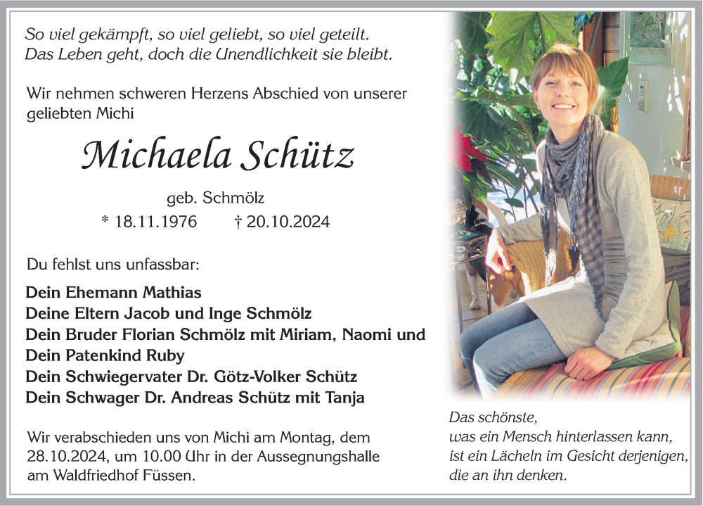 Traueranzeige von Michaela Schütz von Allgäuer Zeitung, Füssen