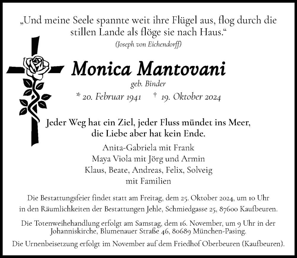 Traueranzeige von Monica Mantovani von Allgäuer Zeitung, Kaufbeuren/Buchloe