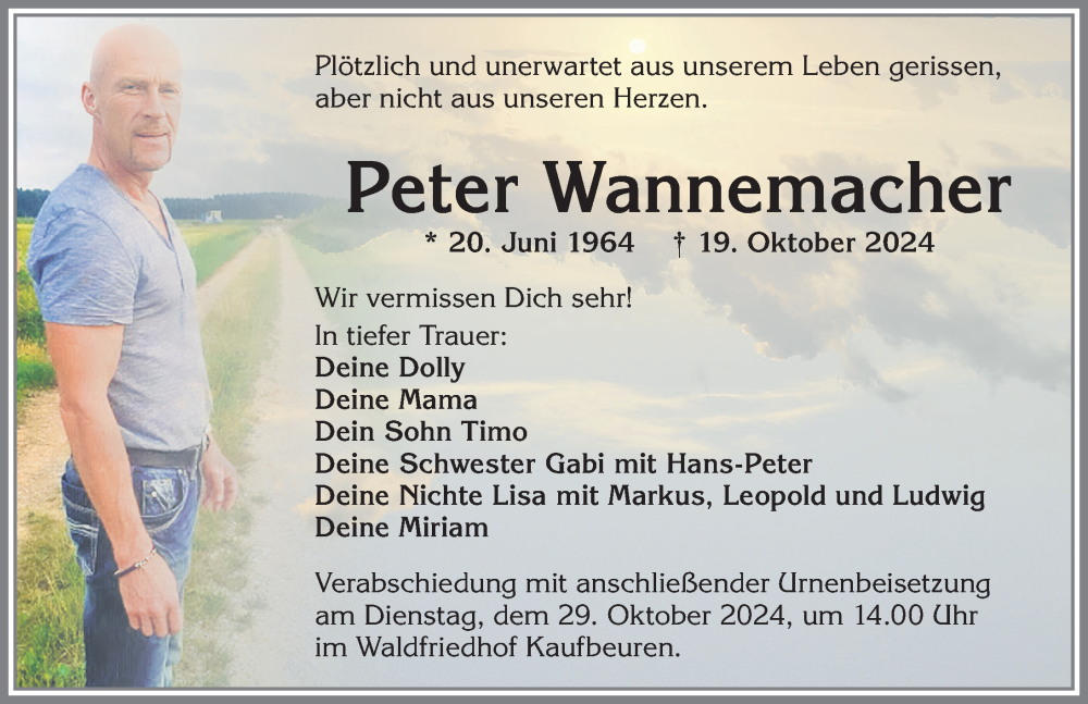 Traueranzeige von Peter Wannemacher von Allgäuer Zeitung, Kaufbeuren/Buchloe