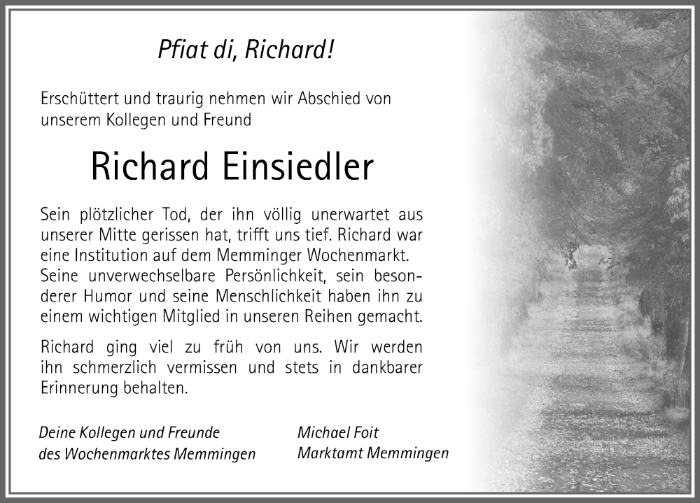 Traueranzeige von Richard Einsiedler von Memminger Zeitung