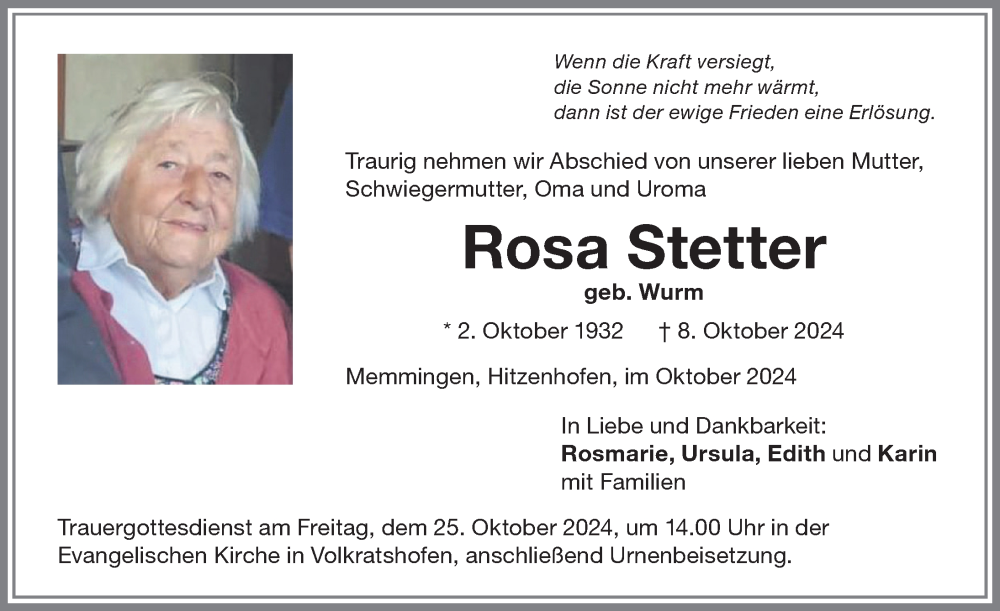 Traueranzeige von Rosa Stetter von Memminger Zeitung