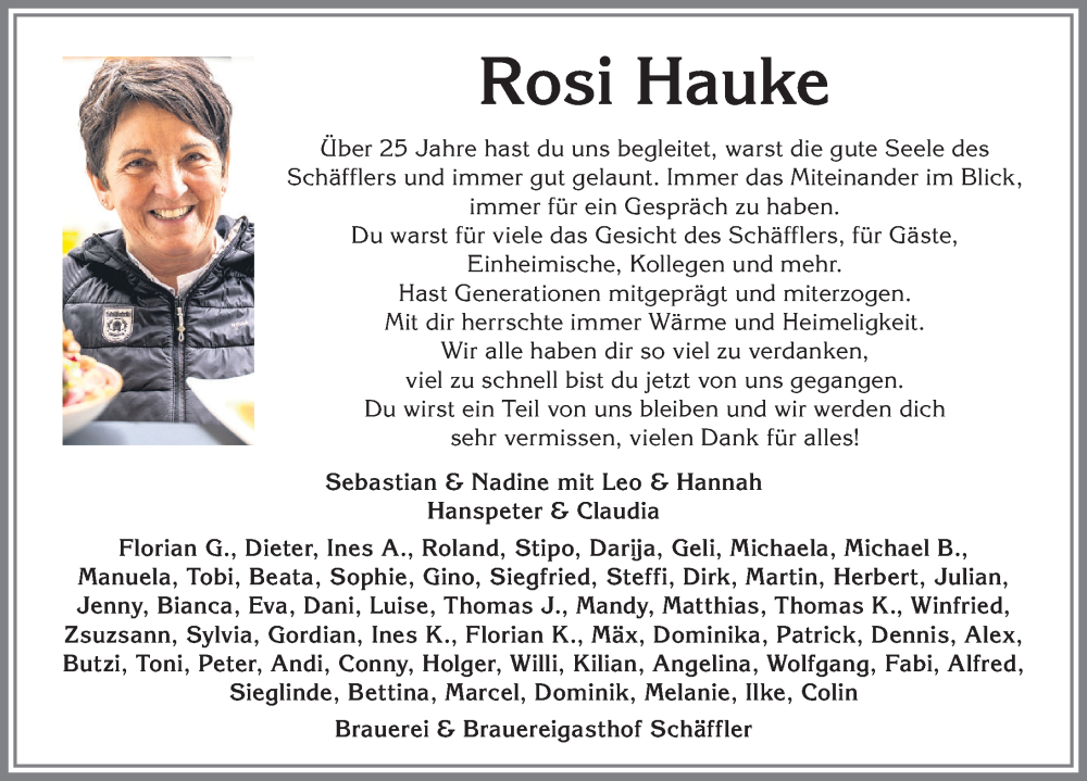 Traueranzeige von Rosi Hauke von Der Westallgäuer