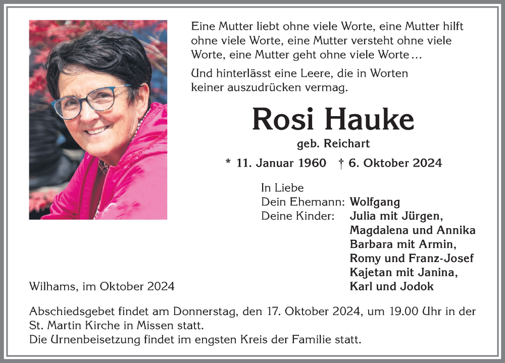 Traueranzeige von Rosi Hauke von Der Westallgäuer