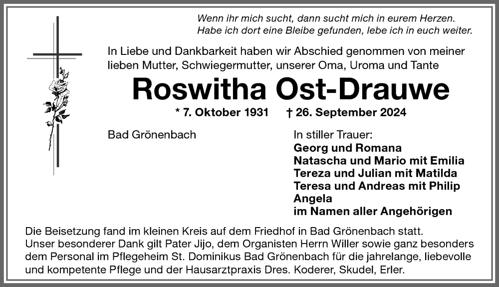 Traueranzeige von Roswitha Ost-Drauwe von Memminger Zeitung