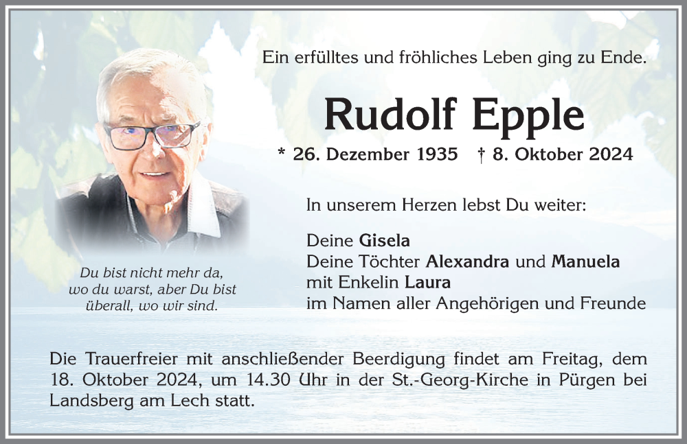 Traueranzeige von Rudolf Epple von Allgäuer Zeitung, Kaufbeuren/Buchloe