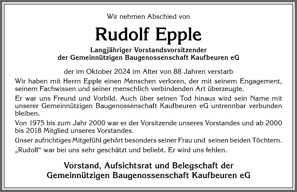 Traueranzeige von Rudolf Epple von Allgäuer Zeitung, Kaufbeuren/Buchloe