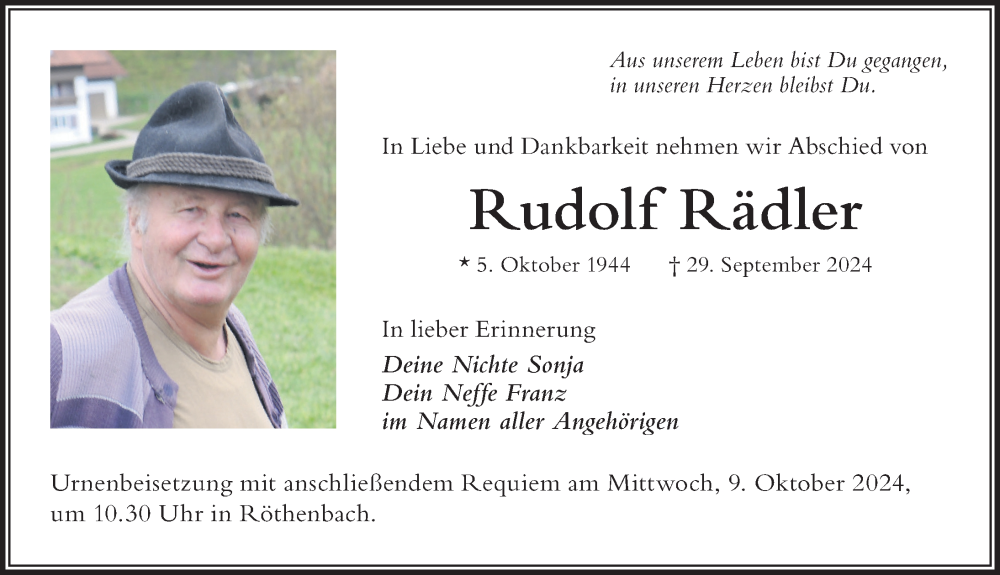 Traueranzeige von Rudolf Rädler von Der Westallgäuer