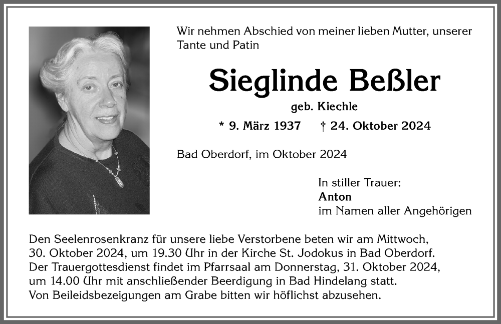 Traueranzeige von Sieglinde Beßler von Allgäuer Anzeigeblatt