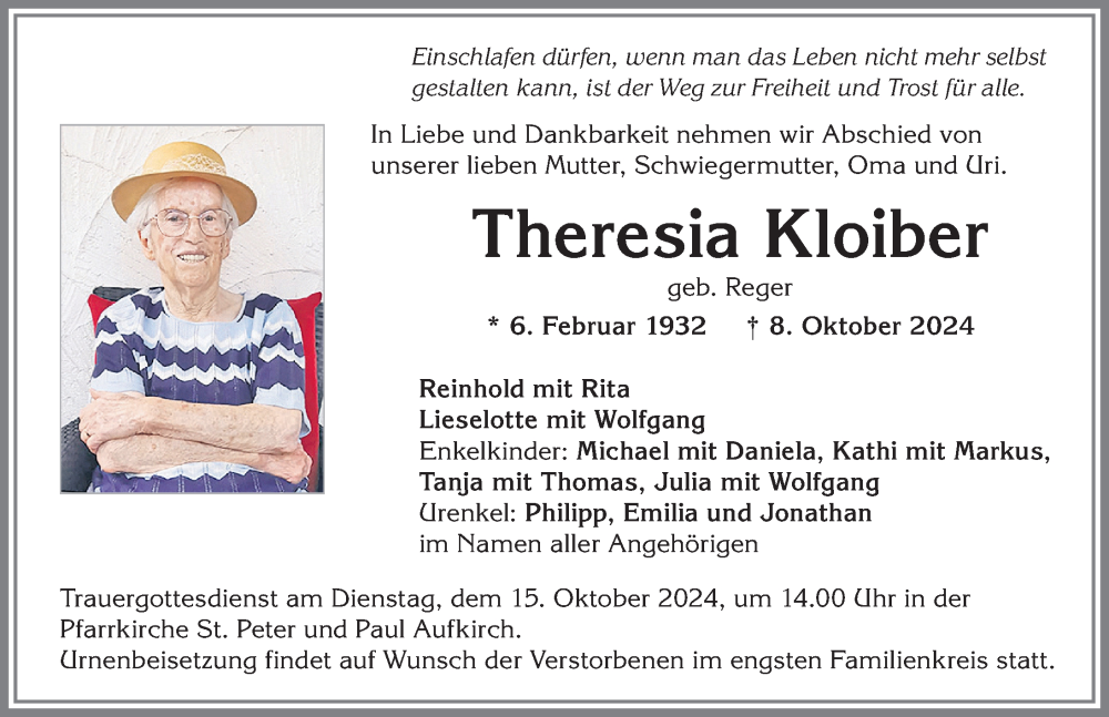 Traueranzeige von Theresia Kloiber von Allgäuer Zeitung, Kaufbeuren/Buchloe