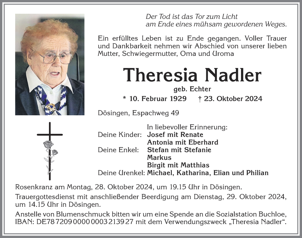 Traueranzeige von Theresia Nadler von Allgäuer Zeitung, Kaufbeuren/Buchloe