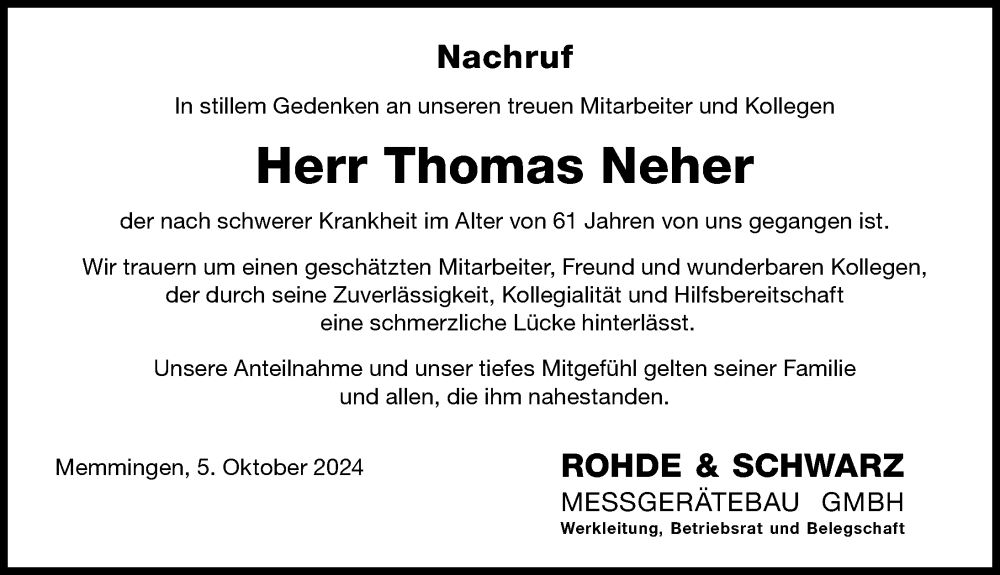 Traueranzeige von Thomas Neher von Memminger Zeitung