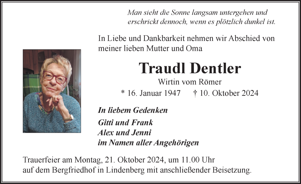 Traueranzeige von Traudl Dentler von Der Westallgäuer