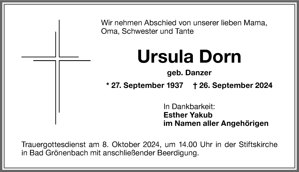 Traueranzeige von Ursula Dorn von Memminger Zeitung