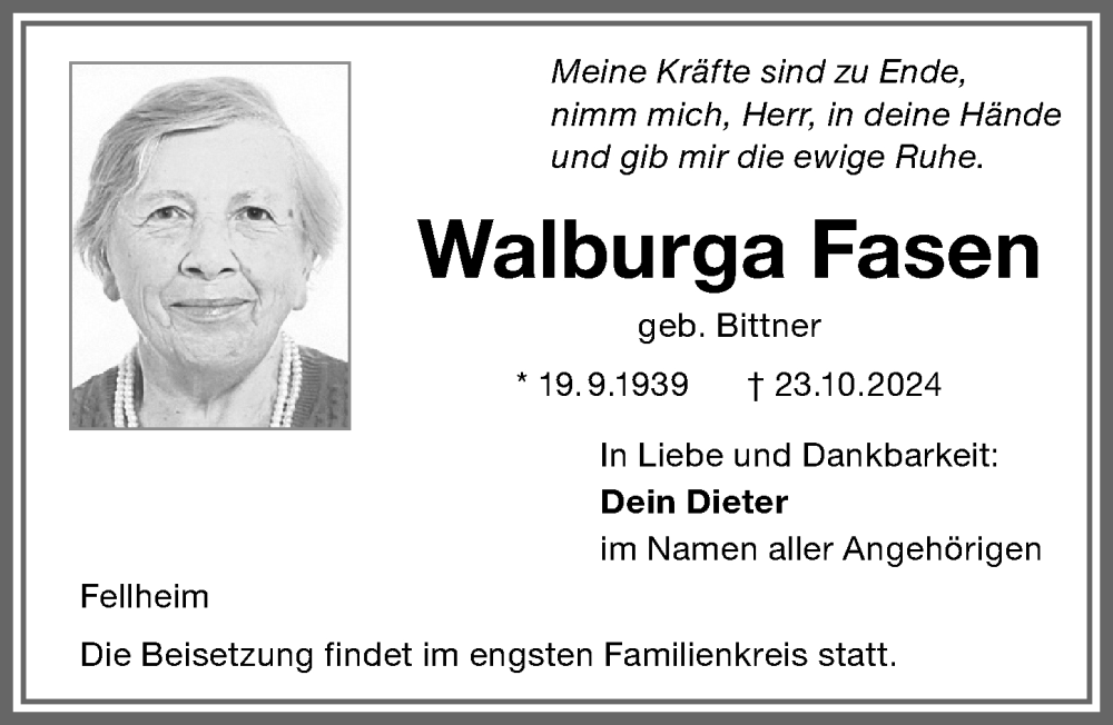 Traueranzeige von Walburga Fasen von Memminger Zeitung