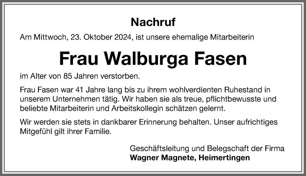 Traueranzeige von Walburga Fasen von Memminger Zeitung