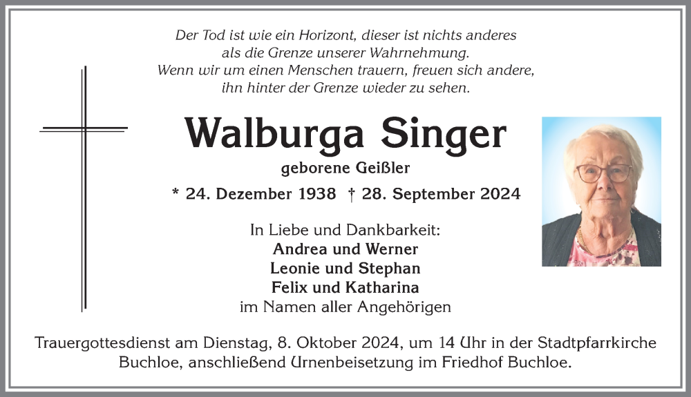 Traueranzeige von Walburga Singer von Allgäuer Zeitung, Kaufbeuren/Buchloe