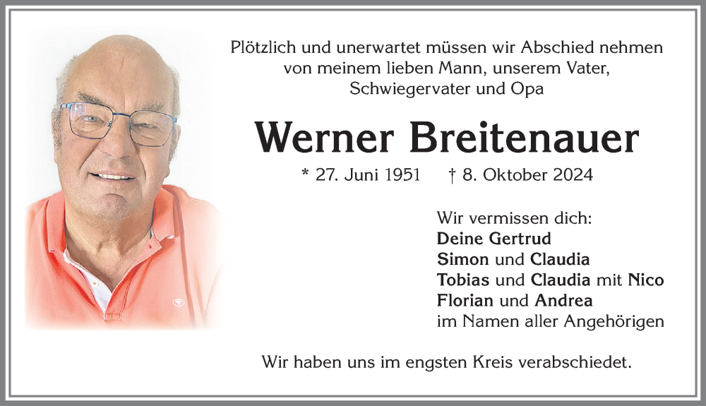 Traueranzeige von Werner Breitenauer von Allgäuer Zeitung,Kempten