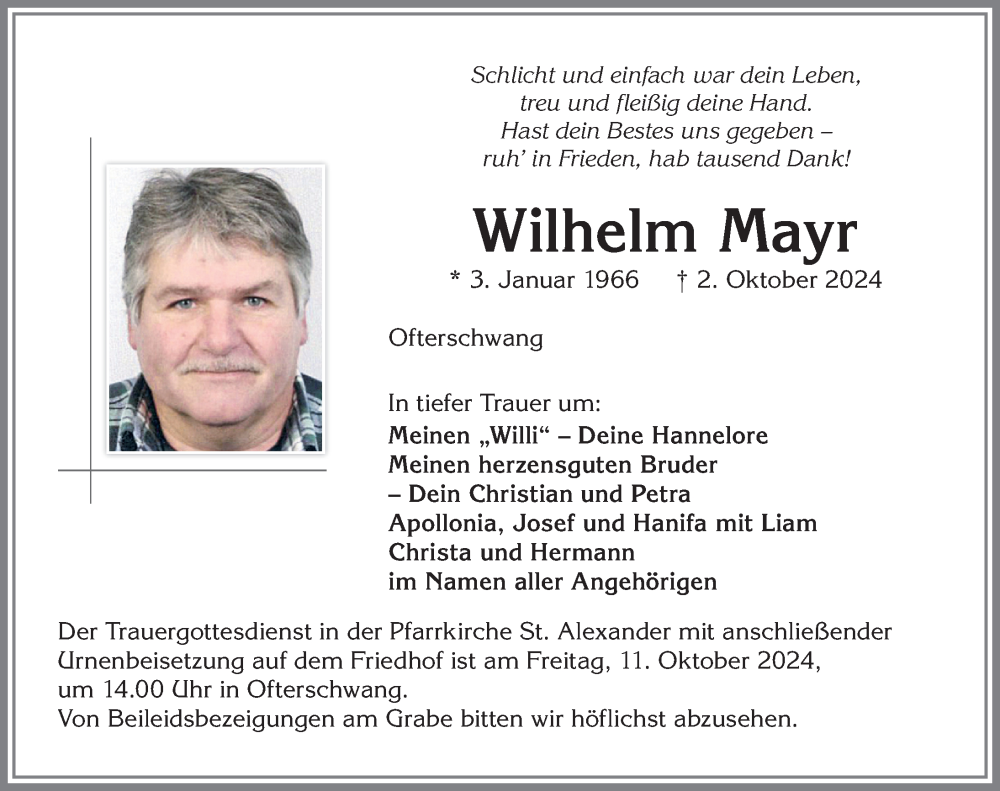 Traueranzeige von Wilhelm Mayr von Allgäuer Anzeigeblatt