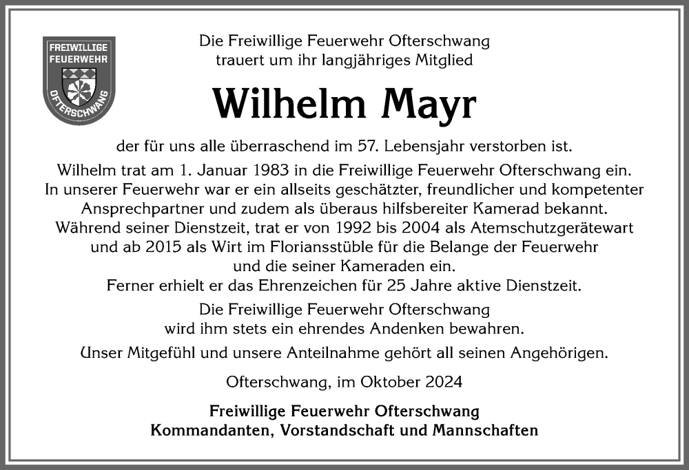 Traueranzeige von Wilhelm Mayr von Allgäuer Anzeigeblatt