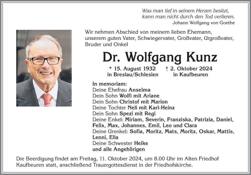 Traueranzeige von Wolfgang Kunz von Allgäuer Zeitung, Kaufbeuren/Buchloe