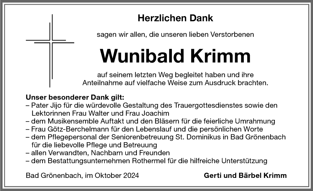 Traueranzeige von Wunibald Krimm von Memminger Zeitung