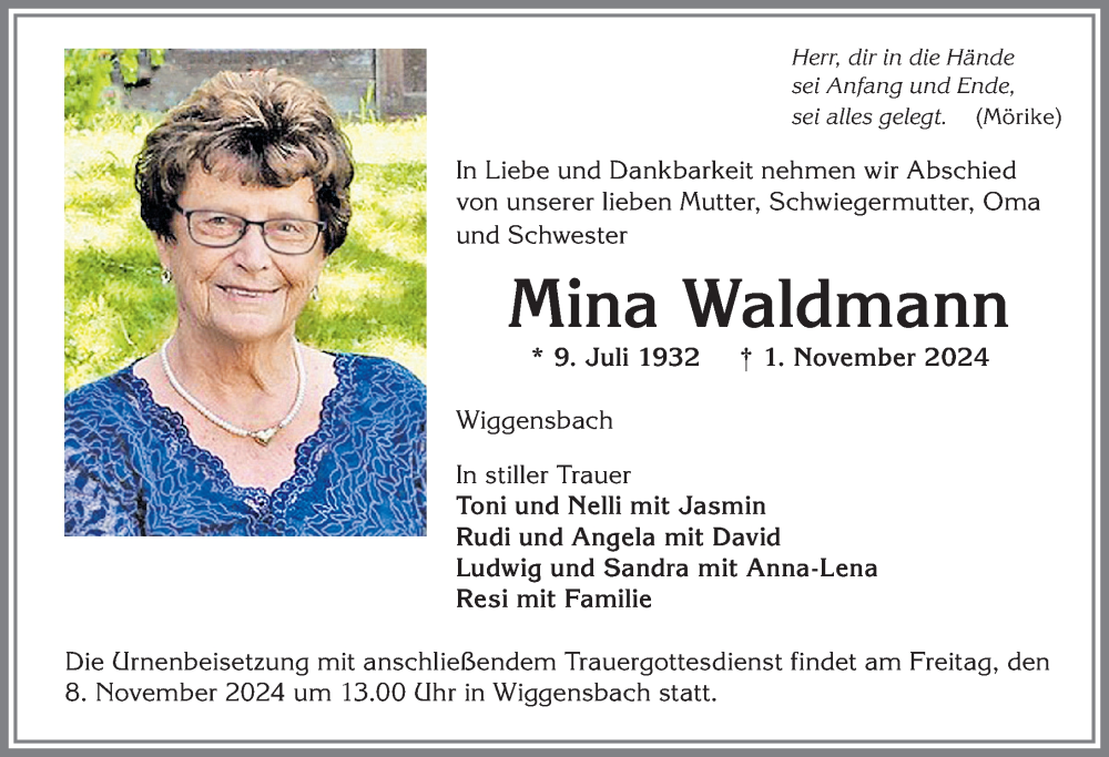 Traueranzeige von Mina Waldmann von Allgäuer Zeitung,Kempten